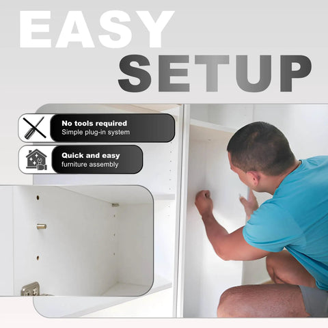 Person inserting Rock Solid Cabinet Shelf Support Pegs With Grippy Anti Slip Ends Rustproof Steel Shelf Pins One Eighth Inch Three Millimeter Replacement Hardware For Kitchen Cabinets And Furniture Twenty Piece Package into cabinet.