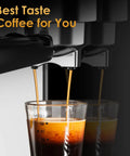 Quick Draw Espresso Machine With On Deck Milk Frother, 20 Bar Pump For Rich Pulls, espresso flowing into a glass.