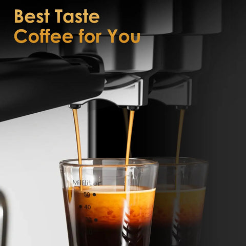 Quick Draw Espresso Machine With On Deck Milk Frother, 20 Bar Pump For Rich Pulls, espresso flowing into a glass.