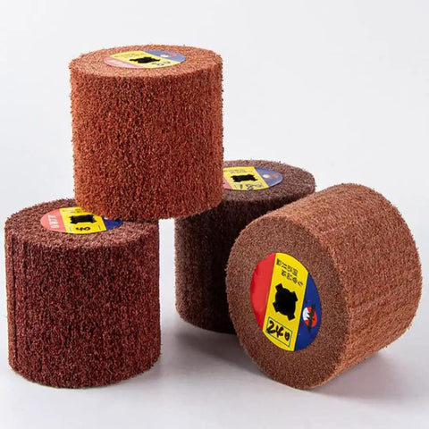7 Pcs Abrasive Drawing Wheel Burnishing Wheel Finishing Drum For Metal Surface Conditioning Tool Drum 4.7 Inch By 4 Inch With Grits 60 80 120 180 240 320 600 Non Woven Fiber Pro Grade Polishing Set displayed in four visible drums