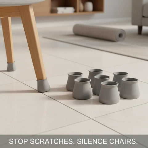 8 Pack Gray PU Leather Furniture Leg Protectors Keep Your Floors Slick With These Badass Scratch Resistant Pads That Glide Like A Dream On Hardwood And Tile Easy Chair And Table Foot Covers No Cap, displayed on chair legs.