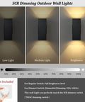 Dusk To Dawn Outdoor Sensor Porch Lights Two Pack No Fuss 12W 2700K Integrated LED Up Down Wall Sconces IP65 dimming settings.