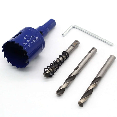 Suiwotin 1-3/8 in blue bi-metal hole saw with arbor; includes two drill bits and Allen wrench