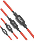 Adjustable Tap Wrench Set Four Pack Ratcheting Tap Handles with red handles, black oxide carbon steel, 1/16 to 3/4 inch sizes.