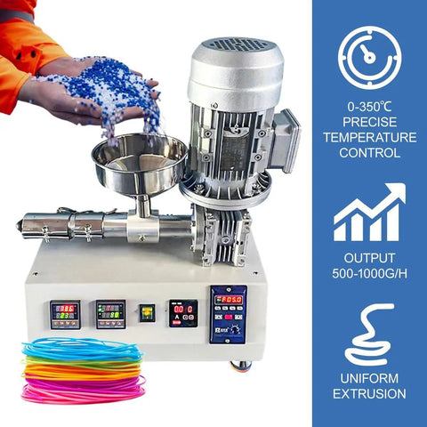 Hustle Ready Desktop 3D Printer Filament Maker Machine With Brawny 1000W Pellet Extruder, showcasing crystals and temp controls.