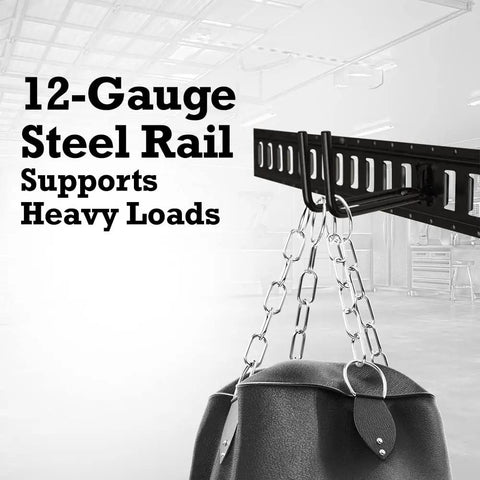 Slick Seven Piece Garage Storage Kit With Four Foot Steel Rail Two J Hooks Bungee Tie Down Strap And Hanging Pocket Tool Organizer For A Hella Sturdy Home Workshop Setup That Really Knocks Out The Clutter