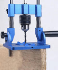 Knockout Accuracy Portable Drill Guide And Angle Drill Jig For Perfectly Straight Holes, blue with drill on wood.