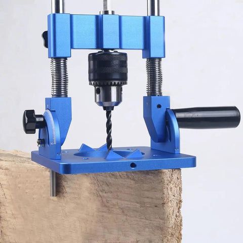 Knockout Accuracy Portable Drill Guide And Angle Drill Jig For Perfectly Straight Holes, blue with drill on wood.