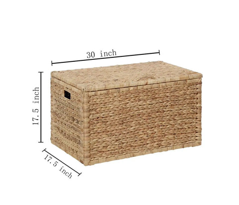 Rectangular Water Hyacinth Wicker Storage Trunk With Iron Wire Frame Handwoven And Breathable Organizer Chest 30x17.5x17.5 inches