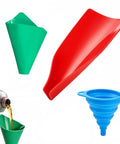 Flex Silicone Oil Drain Funnel Kit With Bendable Guide Plates For Car And Truck Fluids Lets You Change Motor Oil Without Splashes Or Messy Cleanup Super Easy To Use And Clean. Silicone funnel kit with green, red, blue plates and oil pouring demo