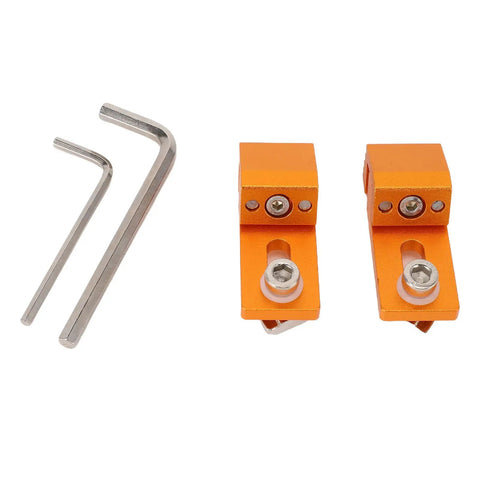 Super Cool 2PC Aluminum Tiger Claw Clamps For CNC Routers, two orange clamps and hex keys for securing materials tightly.