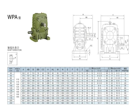 Heavy Duty Worm Gear Reducer Shaft Direction A with dimensions and specifications for industrial machinery, built for performance.