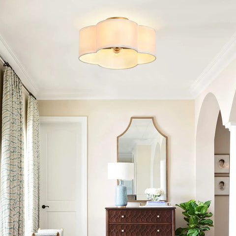 Four-Light Clover Drum Semi-Flush Ceiling Light With White Fabric Shade Close-To-Ceiling Fixture in cozy hallway setting