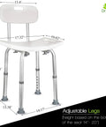 Adjustable Bath And Shower Chair With Back Support For Seniors Safe Bath Tub Stool Anti Slip Wide Seat Durable Build With Easy Grippy Handles And Real Backrest Includes Free Suction Grab Bar For Stability showing metal legs and seat dimensions