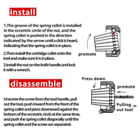 Installation and disassembly instructions for Half Inch Router Collet Extension Rod Chuck Holder With ER20 Spring Collet.