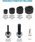 Manual Knockout Punch Driver Kit for One Half Inch to One And One Quarter Inch Conduit Holes with conduit sizes and grease