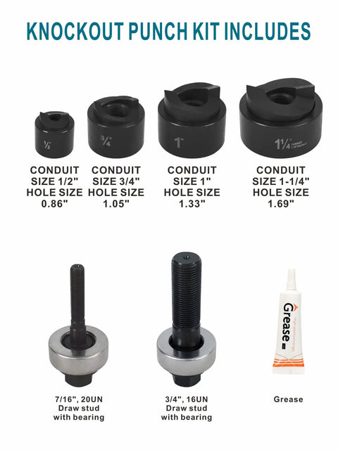 Manual Knockout Punch Driver Kit for One Half Inch to One And One Quarter Inch Conduit Holes with conduit sizes and grease