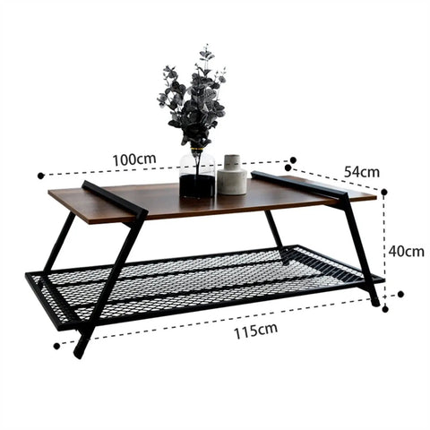 Rectangular Farmhouse Coffee Table With Handy Storage Shelf And Real Steady Iron Frame Rustic Brown Finished Cocktail Desk dimensions 100cm x 54cm x 115cm.