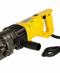 Steel Dragon 5/8 Inch Electric Rebar Cutter, 1050W Hydraulic Rebar Bucker with yellow handle and black cord, showing cutting head.