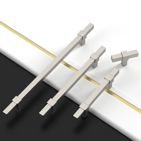 10 Pack 3 Inch (76mm) Brushed Satin Nickel Cabinet Pulls for Kitchen Cabinets displayed on a black and white surface.
