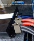 Four Pack Offset 1/0 Gauge Car Audio Power And Ground Reducers For Dual 1/0 To 1/0 Input Aluminum Nickel Plated Heavy Duty Amp Wiring Adapters Compatible With Oversized 1/0 And 2/0 Wire For Install. Shown on car amp with 1/0 and 2/0 cables.