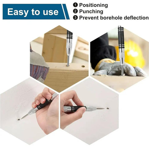 Built Tough Chrome Steel Center Punch Double Pack in use for metal and wood marking, demonstrating accurate hole placement.