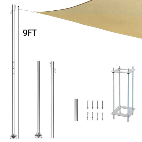 Rugged 2 Inch Stainless Steel Shade Sail Poles Kit With Concrete Base Bracket For Patio And Deck, 9 Ft All Weather Sun Shade Poles System, Easy Install, Heavy Duty Canopy Support
