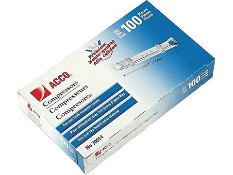 Premium One Inch Prong Fastener Compressors Pack Of One Hundred, box showing heavy duty steel frames and glossy finish.