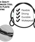 15 Pack 8 Inch Stainless Steel Tethers With Four Spring Snap Hook Clips Vinyl Coated Steel Wire Cable Lanyards For Secure Gear Attachments On Bikes Kayaks Jet Skis Cars Black, detailed view of plastic coating and durability features.