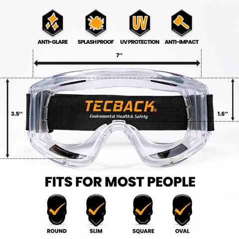 Front view of Over Glasses Safety Goggles For Work And Lab Pro Grade Anti Fog Anti Scratch Clear Lenses Splash Resistant Eye Protection Vented Design ANSI Z87.1 Certified with black strap