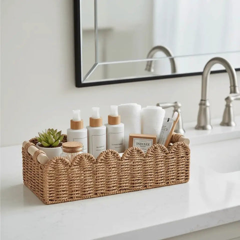 Totally Chic Scalloped Paper Rope Storage Basket With Ridiculously Sturdy Handle For Bathroom Decor And Over The Toilet Organization Super Handy Tissue Holder And Daily Essentials Organizer