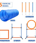 Image of Go-To Dog Agility Training Equipment Kit showing tunnel, weave poles, square pause box, high jump, and jump ring.
