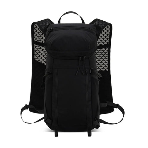 Hands Free Hydration Backpack With 2L Water Bladder, Ultralight Nylon Run Pack front view, black with breathable mesh.