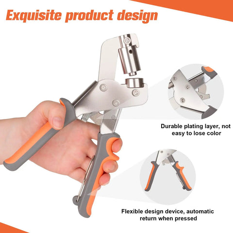 Hand holding manual press punch from Five Hundred Piece Grommet Tool Kit For Fabric And Tarp Projects With Ten Millimeter Inner Diameter Eyelets
