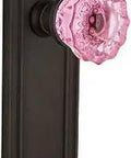 Mission Style Privacy Door Knob Set With Crystal Pink Glass Knobs Oil Rubbed Bronze Finish Solid Brass Plates Two And Three Quarters Backset Complete For One Door On Both Sides Perfect For Restoration Or Easy Modern Install In Bathrooms And Bedrooms With.