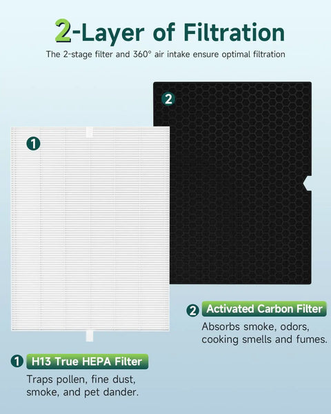 Two Pack Replacement Filter Kit for Winix 5500-2 Air Purifier With H13 True HEPA and Activated Carbon, Fits AM80 and Replaces 116130 Filter H, featuring H13 HEPA and carbon filter details.