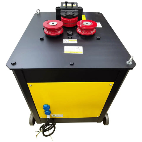 Heavy Duty Automatic Steel Bar Circle Bender Delivers Beast Mode Power To Shape Rebar Quick As Lightning For Hardworking Contractors On Tight Job Sites top view with red rollers and electric drive.