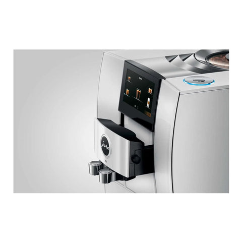 Slick Smart Fully Automatic Coffee Center With Dope Hot And Cold Brew Options Ai Powered Touchscreen Wifi App Control Integrated Grinder Diamond White Finish close-up of touchscreen and spouts