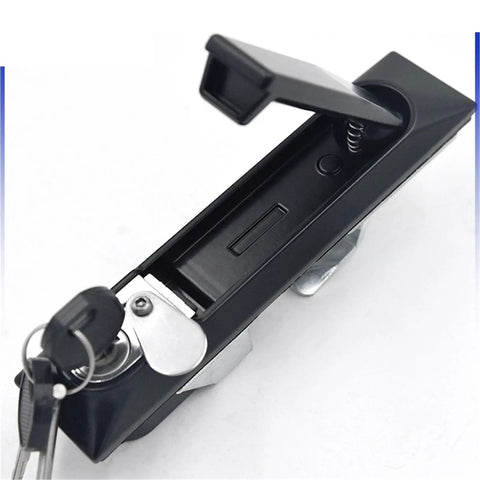 Close-up of a Rod Control Panel Lock With Metal Plating For Electrical Cabinets, showing keys inserted in the lock mechanism, top view.