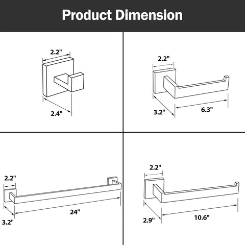 Dimensions of Dope Modern Square Polished Chrome Bathroom Hardware Set With 24 Inch Towel Bar Wall Mounted Four Piece SUS304 Stainless Steel.