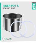 Replacement Inner Pot For 6 Quart Power Cooker XL With 2 Pack Silicone Gasket Seals For A Snug Easy Fit And Quick Cleanup Compatible With PPC770 PPC771 PPC770-1 Pro PCXL-PRO6 PCTR-16 YBD60-100 WAL1 WAL2, pictured with sealing rings on packaging