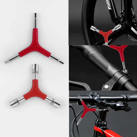 Y Shaped 3 Way Wrench For Bike Repair Portable Lightweight Steel Chrome Plated shown in red and in use on bike handlebars