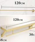 Top Shelf Wall Mounted Clothing Rack System Kit Crafted from Rock Solid Wrought Iron Pipes and Rugged Pine Boards for Boutique or Main Street Closets That Can Take Some Serious Wear and Tear, 120cm wall rack with gold finish.