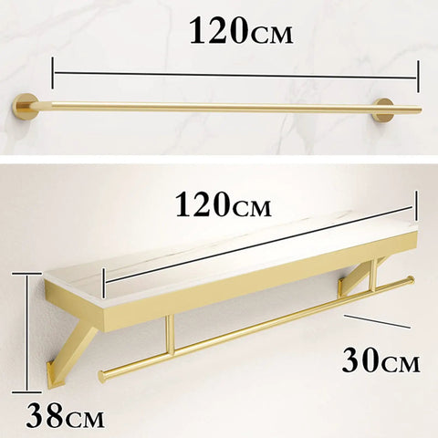 Top Shelf Wall Mounted Clothing Rack System Kit Crafted from Rock Solid Wrought Iron Pipes and Rugged Pine Boards for Boutique or Main Street Closets That Can Take Some Serious Wear and Tear, 120cm wall rack with gold finish.