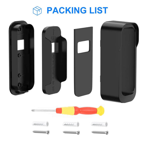 Packing list for No Drill Doorbell Mount For Video Doorbell 2023 2025 Release Anti Theft Weatherproof Mount That Installs Easy With Tape Or Screws Ideal For Homes And Apartments, showing components and screws.
