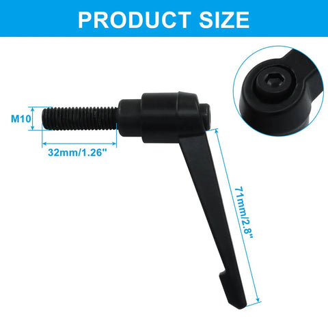 Heavy Duty Adjustable Clamping Lever Handle With M10 Male Thread And 32mm Travel Range, black alloy steel, product size details.