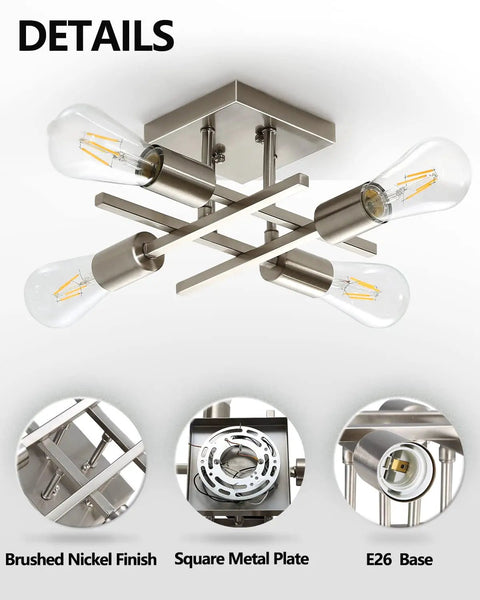 4 Light Semi Flush Mount Ceiling Light In Brushed Nickel No-Fuss Install Modern Close-To-Ceiling Fixture with E26 base.
