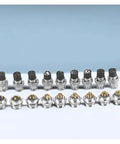 Gold Plated GX16 Aviation Plug Circular Connector 2 To 10 Pin set displayed in multiple pin configurations on a blue and white background.
