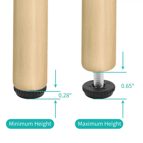 Adjustable furniture levelers showing minimum height 0.28" and maximum height 0.65" for easy use. Heavy Duty Adjustable Furniture Levelers With Threaded Inserts 24 Pack Stainless Steel Feet For Chairs Tables Desk Glides Keeps Floors Scratch Free And Bails Every Wobble.