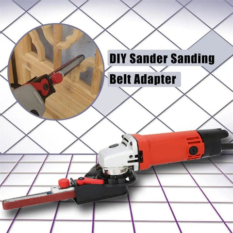 Kick Up Some Dust With This Quick Swap Angle Grinder To Belt Sander Adapter Fits 100 115 And 125 Millimeter Discs With Six Speed Switch Lock One Eighty Pivot And Sure Grip Handle on a grid background.